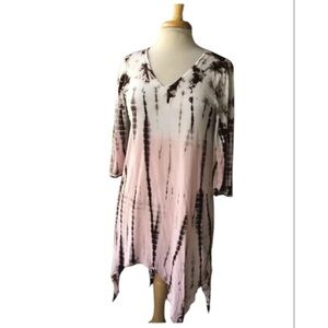 XCVI Shibori tie dye tunic / dress v neck 3/4 sleeves pink white Size M